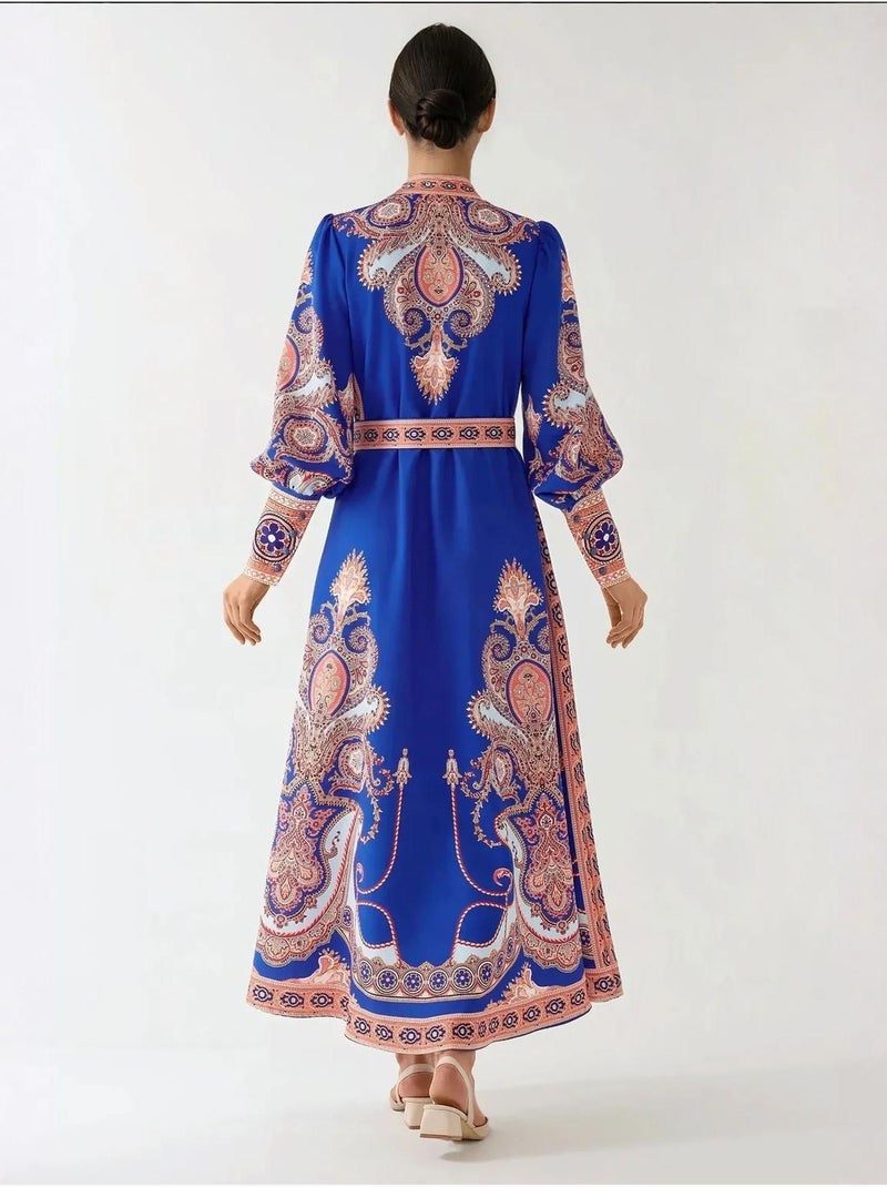 Bedrukte maxi-jurk met lange mouwen en riem Electrisch blauw - Kiabi
