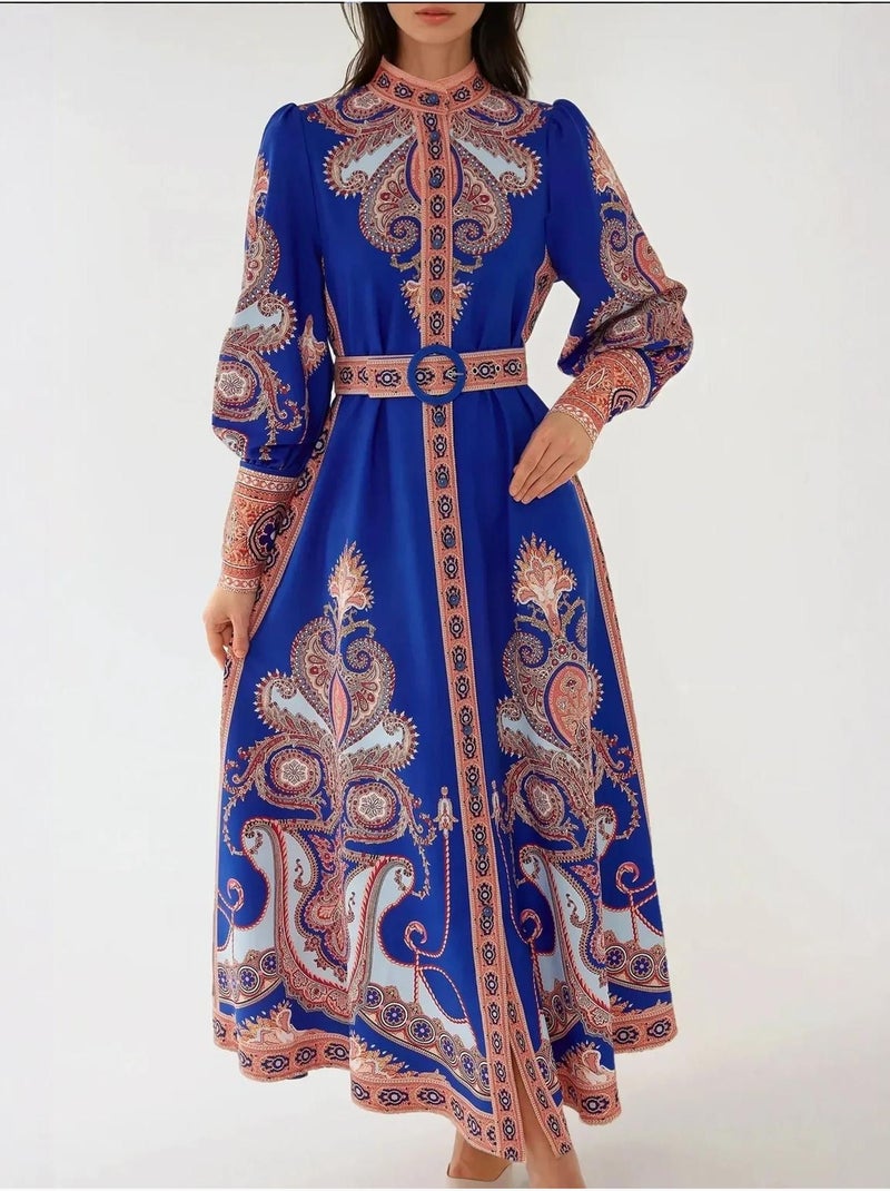 Bedrukte maxi-jurk met lange mouwen en riem Electrisch blauw - Kiabi