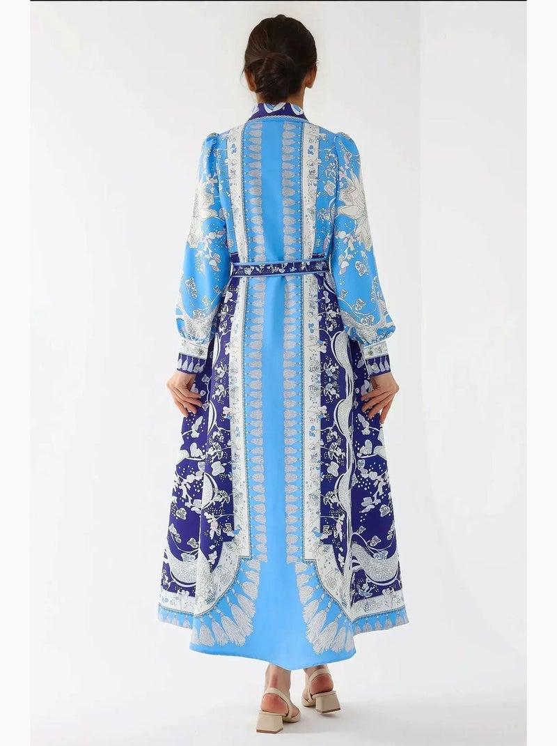 Bedrukte maxi-jurk met lange mouwen en riem hiccup Blauw - Kiabi