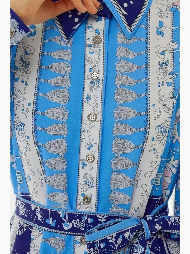 Bedrukte maxi-jurk met lange mouwen en riem hiccup Blauw - Kiabi