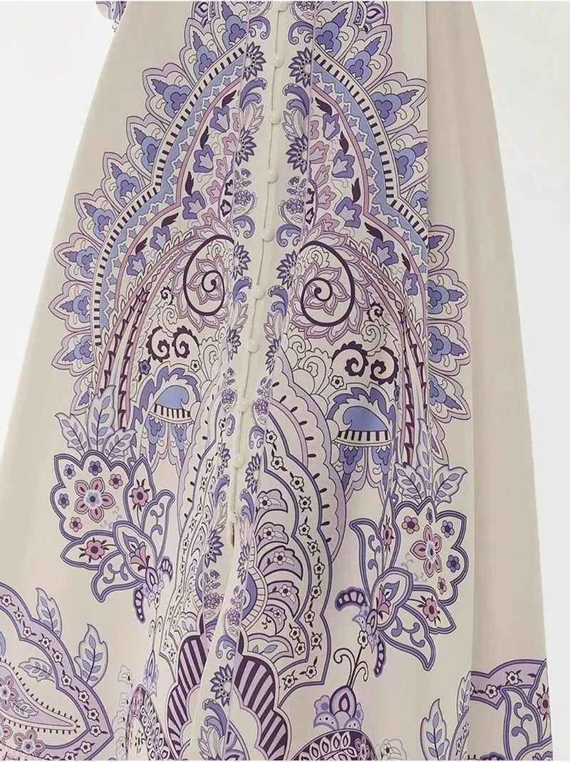 Bedrukte maxi-jurk met lange mouwen en riem Multicolor - Kiabi