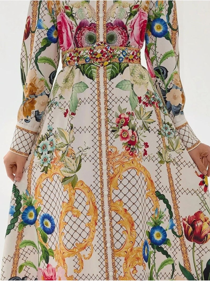 Bedrukte maxi-jurk met lange mouwen en riem Multicolor - Kiabi