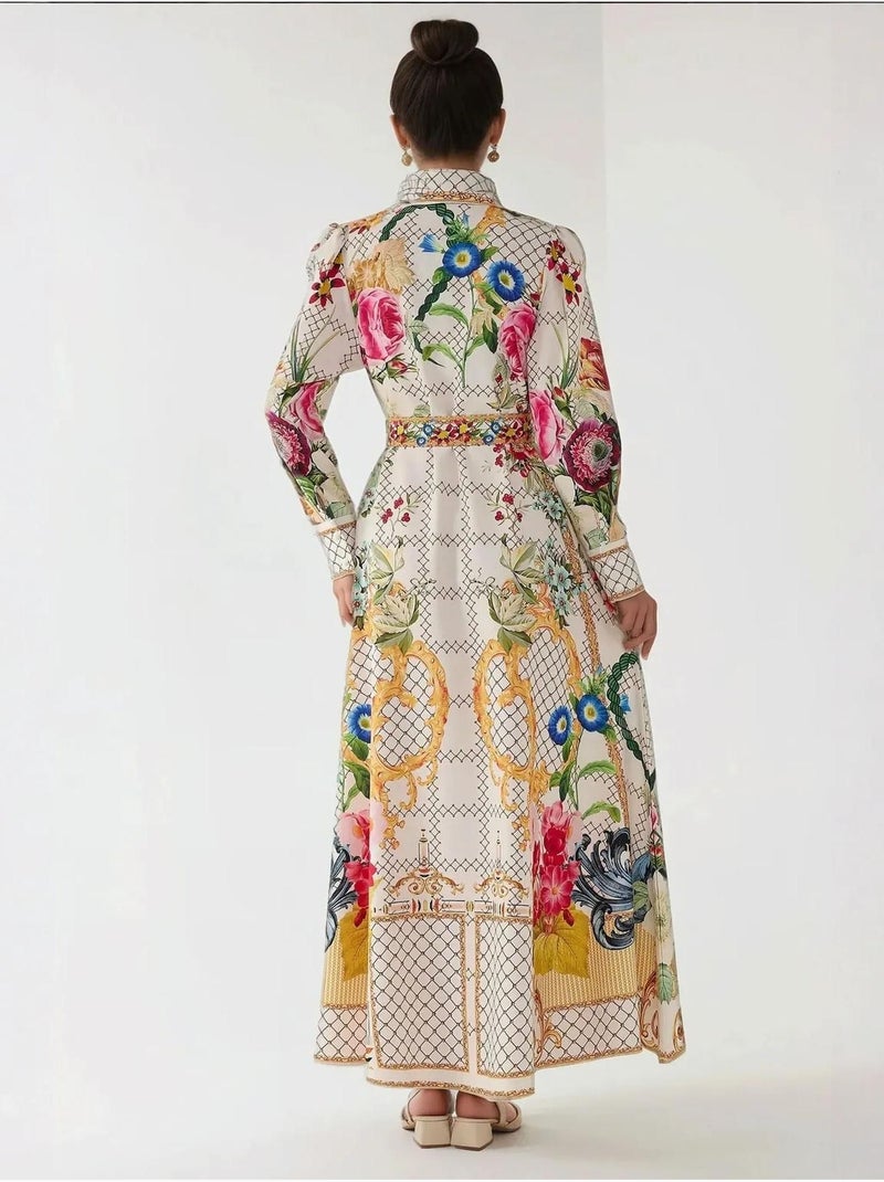 Bedrukte maxi-jurk met lange mouwen en riem Multicolor - Kiabi