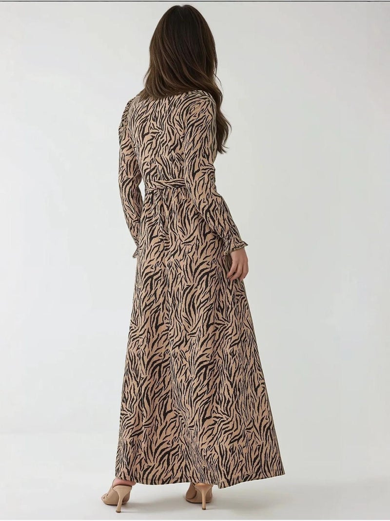 Bedrukte maxi-jurk met ronde hals en riem Camel - Kiabi