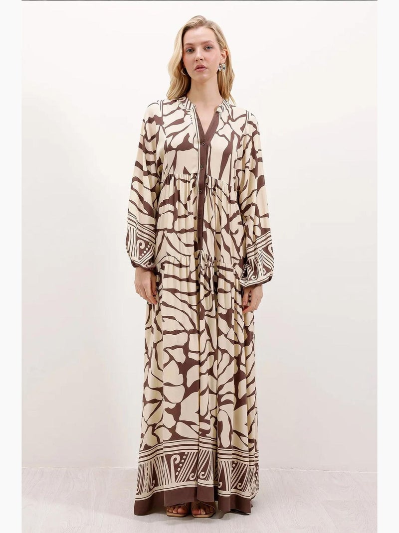Bedrukte maxi-jurk met v-hals bdart Chocoladebruin - Kiabi