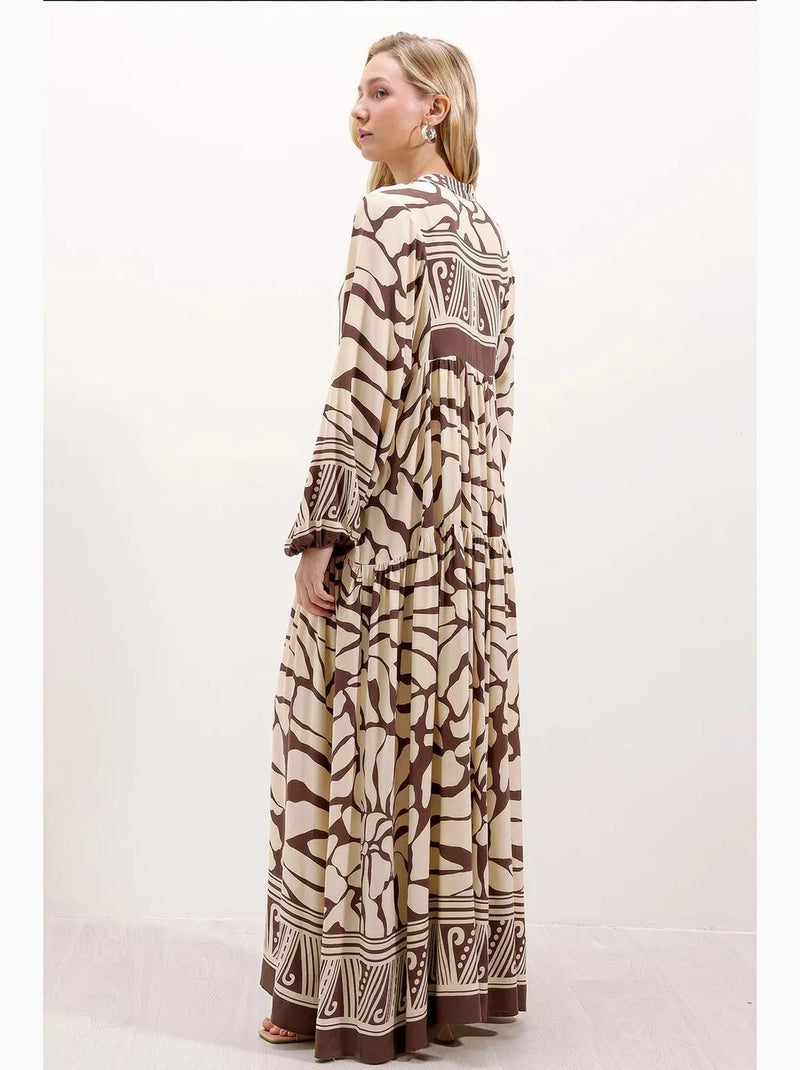 Bedrukte maxi-jurk met v-hals bdart Chocoladebruin - Kiabi