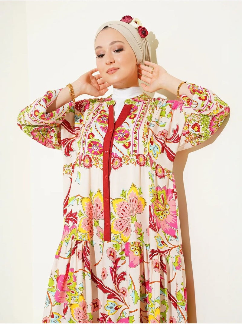 Bedrukte maxi-jurk met v-hals bdart Granaatrood - Kiabi