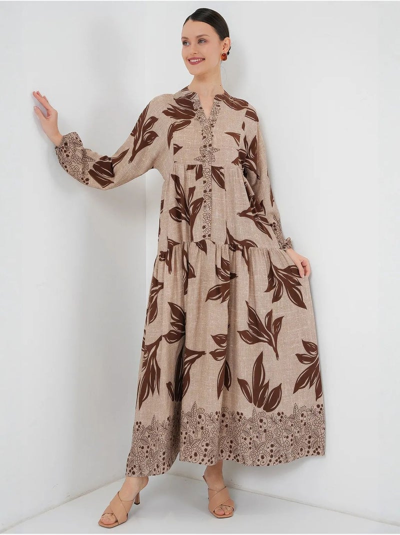 Bedrukte maxi-jurk met v-hals bdart Lichtbeige - Kiabi