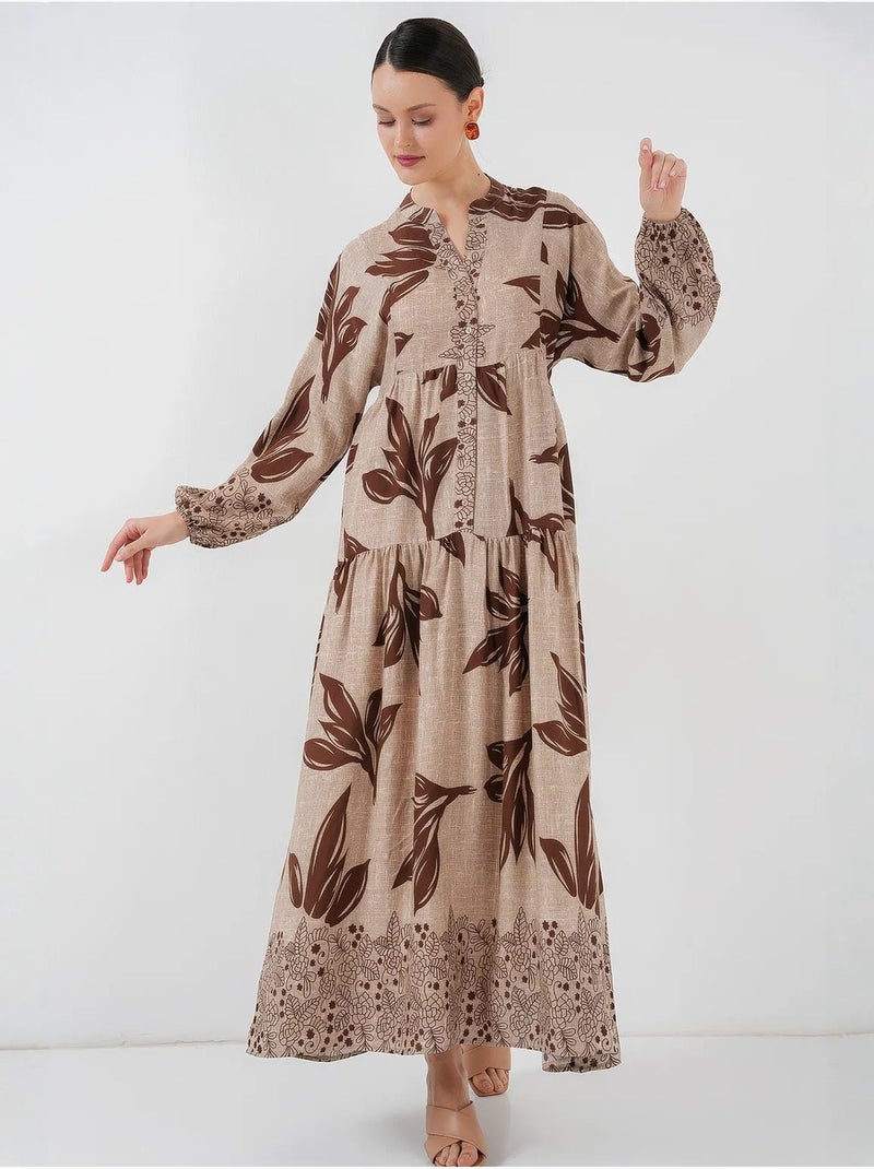 Bedrukte maxi-jurk met v-hals bdart Lichtbeige - Kiabi