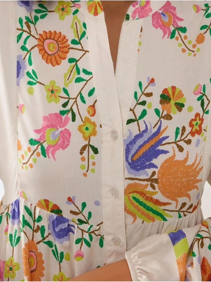 Bedrukte maxi-jurk met v-hals en knoopdetail hiccup Ivoor - Kiabi