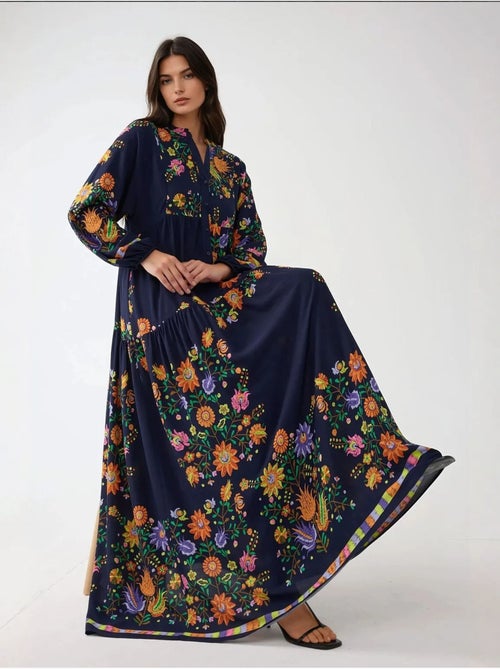 Bedrukte maxi-jurk met v-hals en knoopdetail hiccup - Kiabi