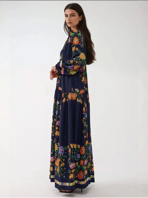 Bedrukte maxi-jurk met v-hals en knoopdetail hiccup - Kiabi