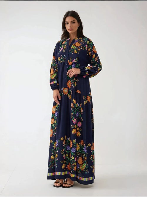 Bedrukte maxi-jurk met v-hals en knoopdetail hiccup - Kiabi