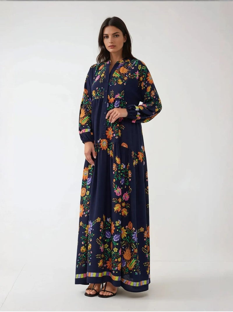 Bedrukte maxi-jurk met v-hals en knoopdetail hiccup Marineblauw - Kiabi
