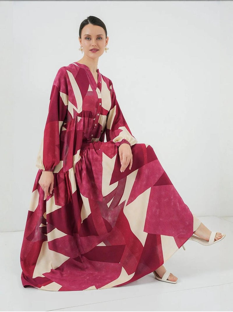 Bedrukte maxi-jurk met v-hals en knoopsluiting bdart Granaatrood - Kiabi