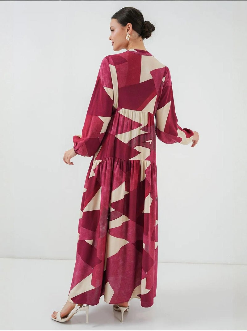 Bedrukte maxi-jurk met v-hals en knoopsluiting bdart Granaatrood - Kiabi