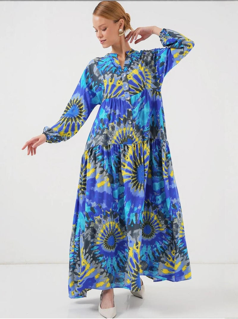 Bedrukte maxi-jurk met v-hals en knoopsluiting bdart Indigo - Kiabi