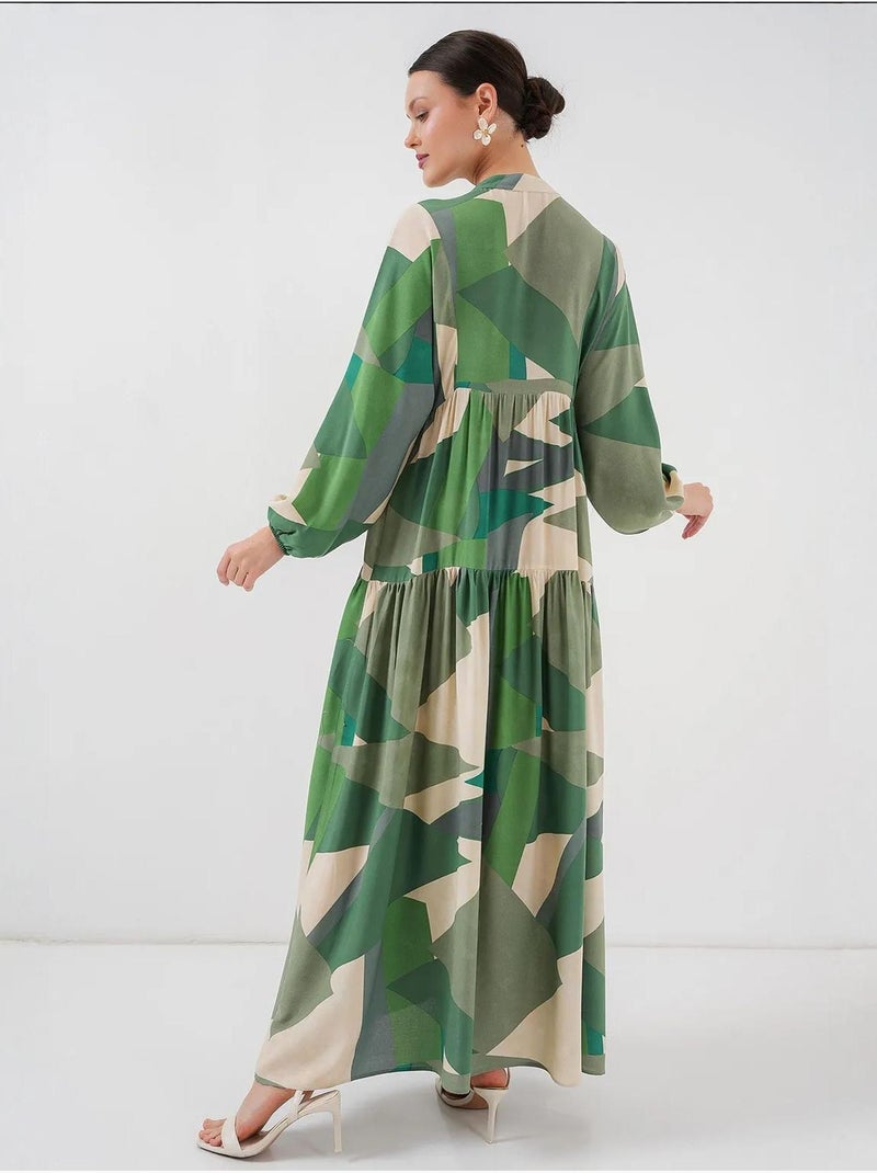Bedrukte maxi-jurk met v-hals en knoopsluiting bdart Kaki - Kiabi