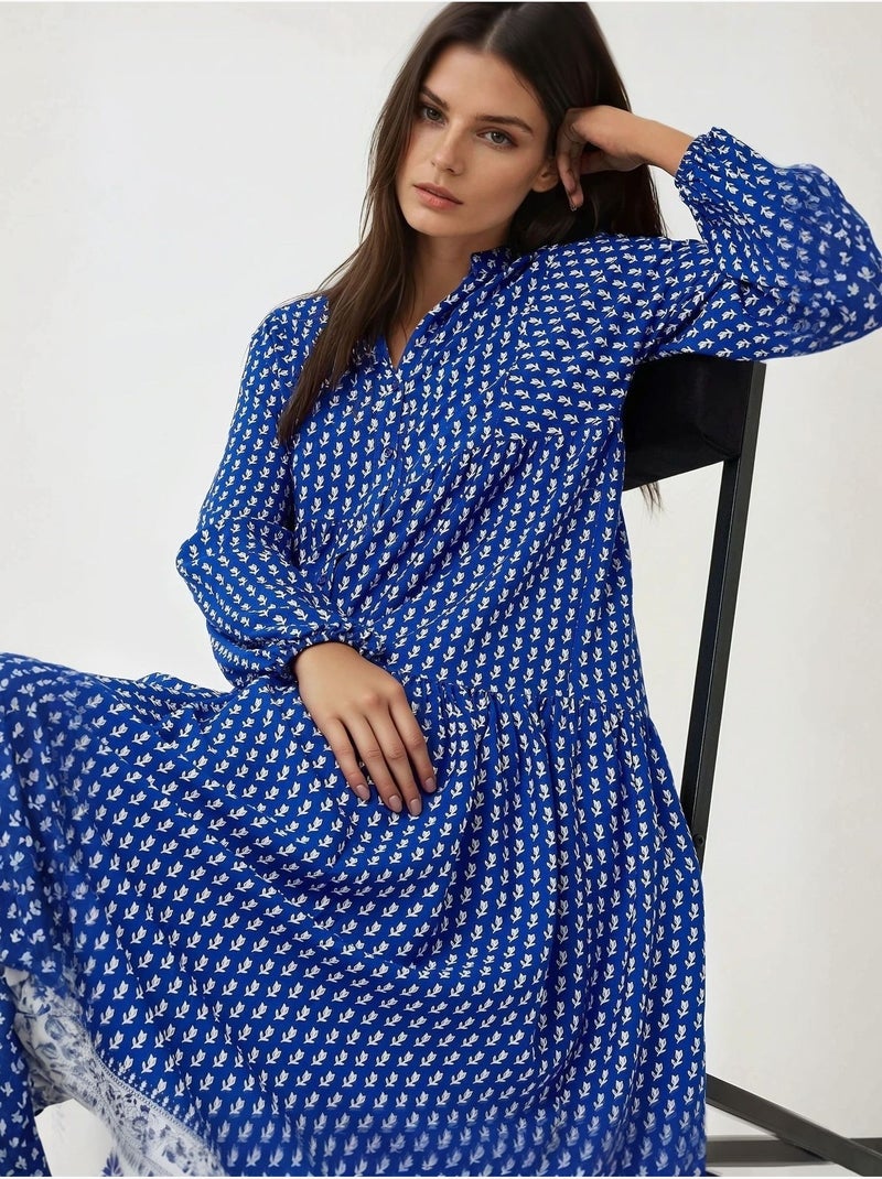 Bedrukte maxi-jurk met v-hals hiccup Electrisch blauw - Kiabi