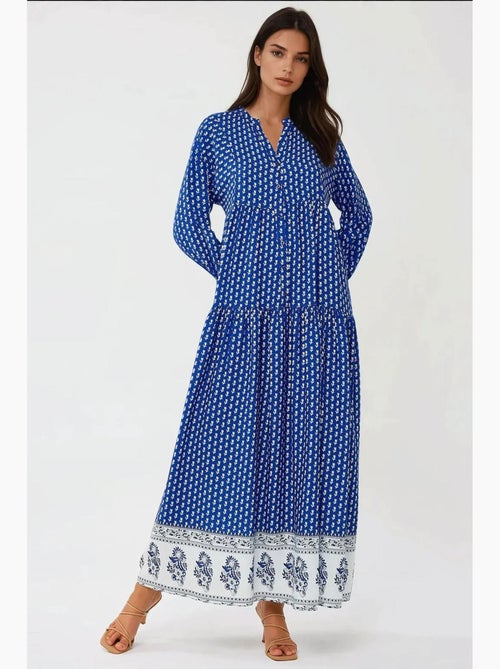 Bedrukte maxi-jurk met v-hals hiccup - Kiabi Bedrukte maxi-jurk met v-hals hiccup - Kiabi