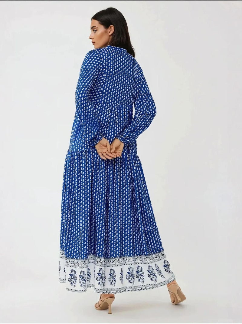Bedrukte maxi-jurk met v-hals hiccup Electrisch blauw - Kiabi
