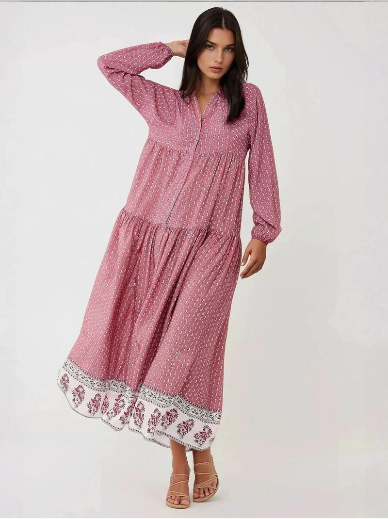 Bedrukte maxi-jurk met v-hals hiccup Roze - Kiabi