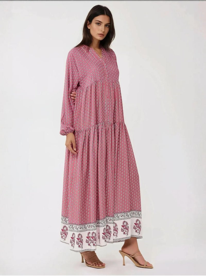 Bedrukte maxi-jurk met v-hals hiccup Roze - Kiabi