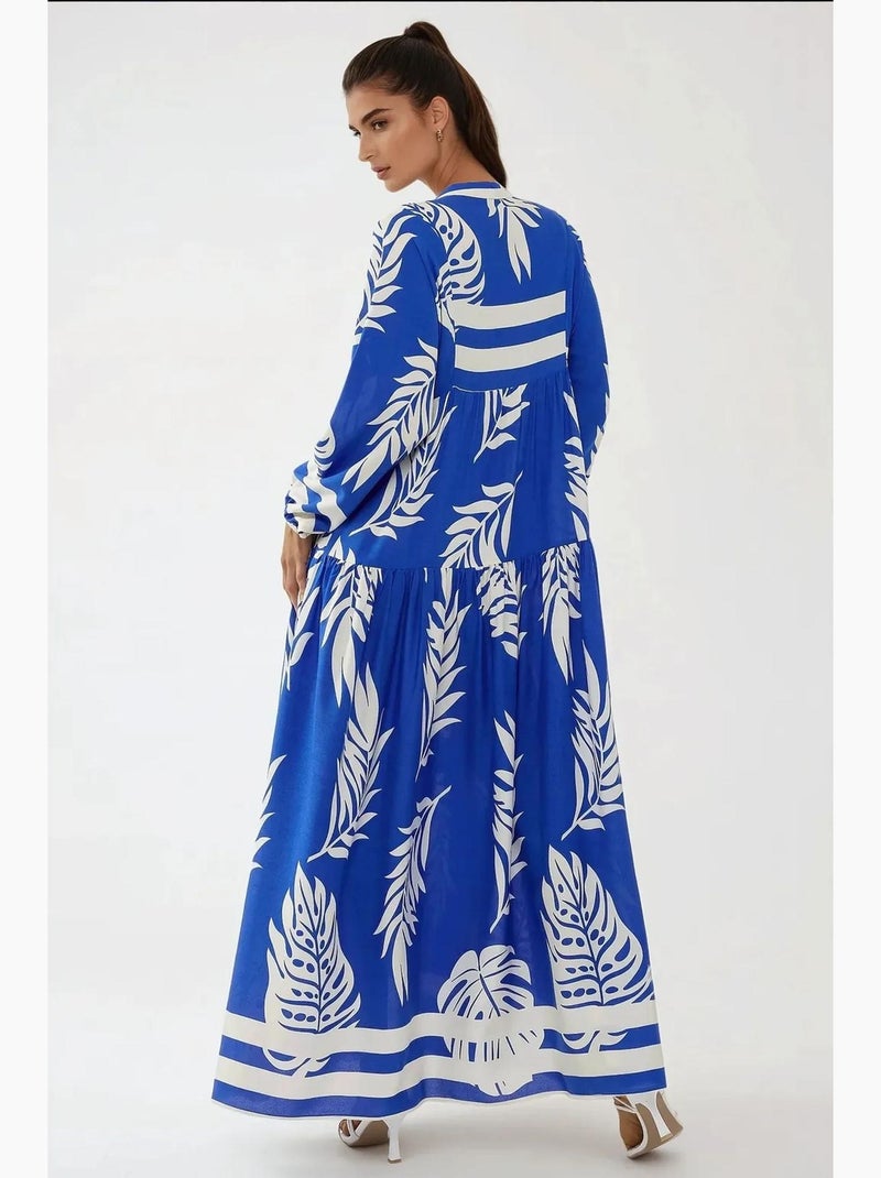Bedrukte maxi-jurk van viscose met lange mouwen hiccup Electrisch blauw - Kiabi