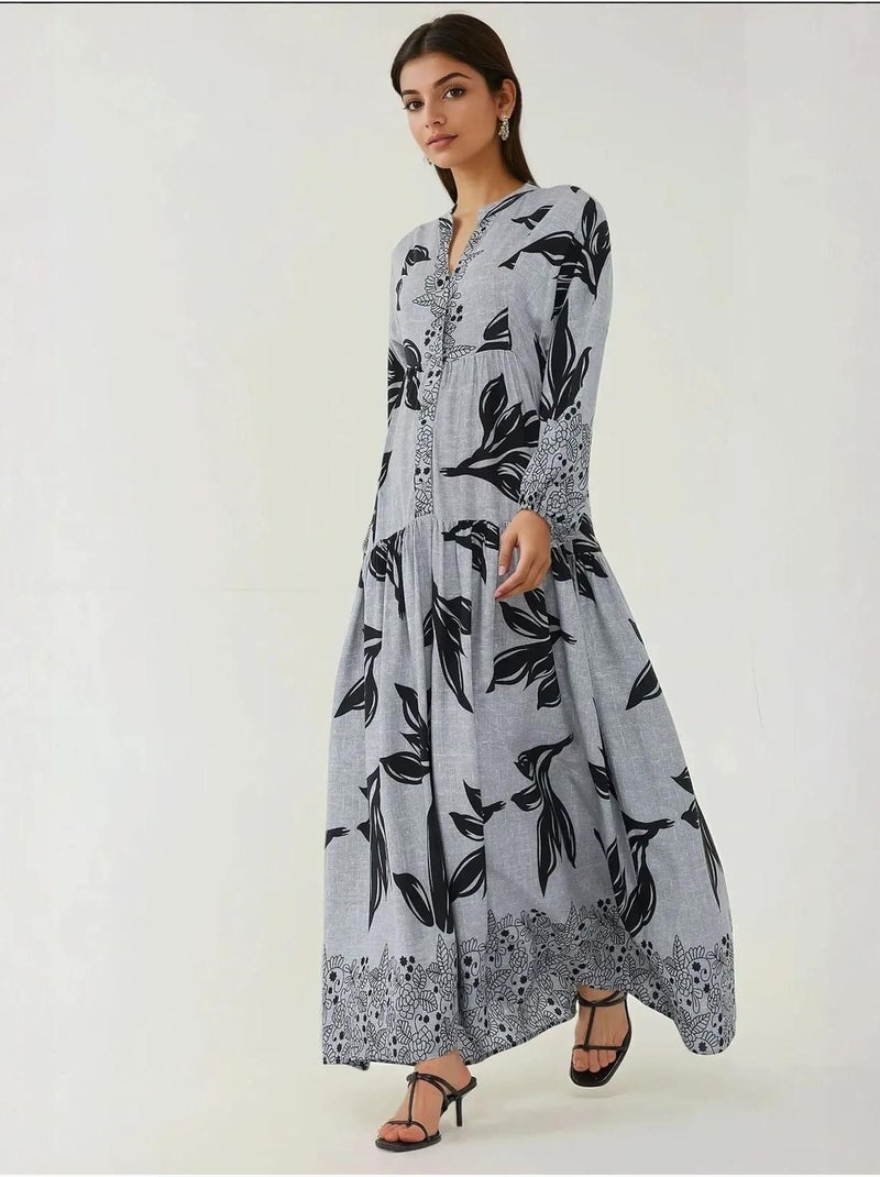 Bedrukte maxi-jurk van viscose met lange mouwen hiccup Grijs - Kiabi