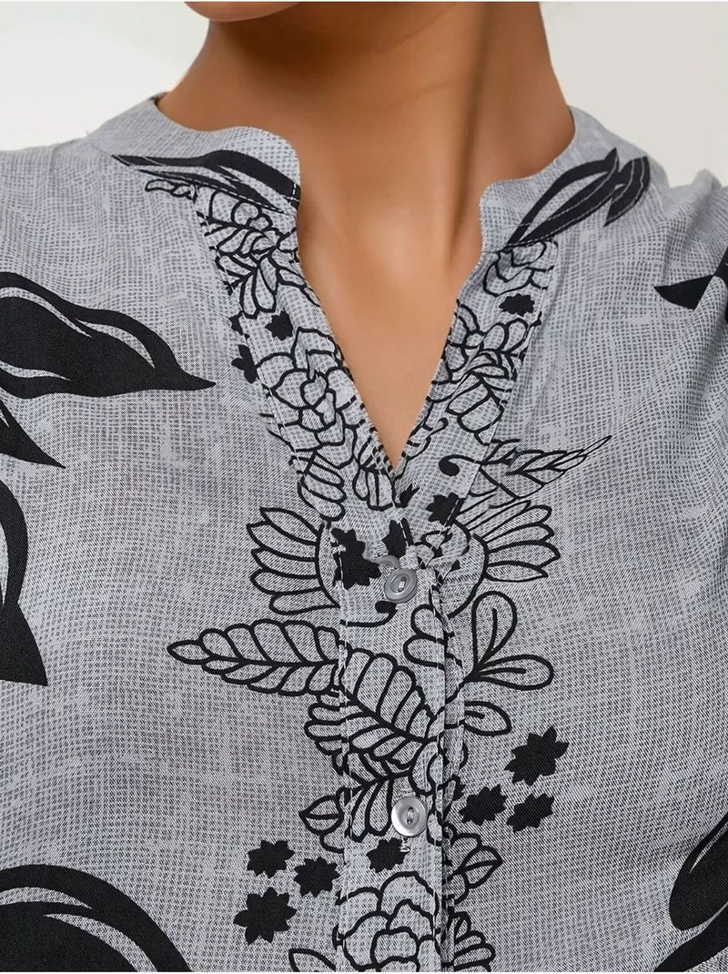 Bedrukte maxi-jurk van viscose met lange mouwen hiccup Grijs - Kiabi