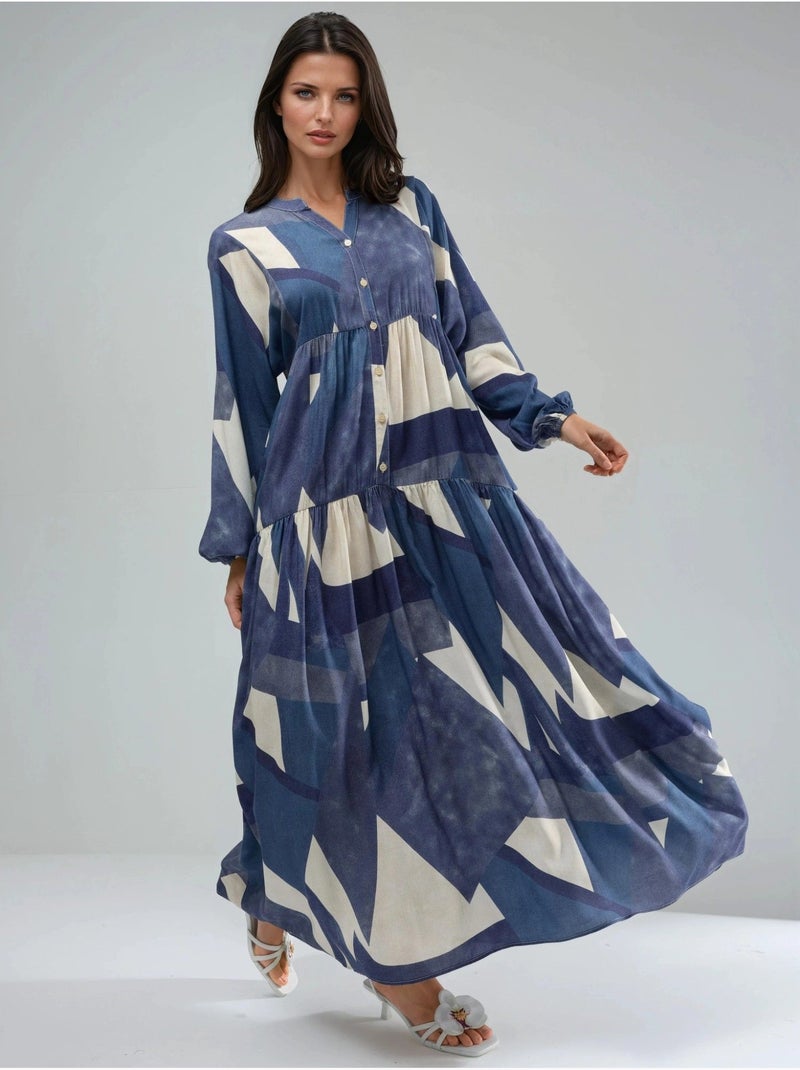 Bedrukte maxi-jurk van viscose met lange mouwen hiccup Marineblauw - Kiabi