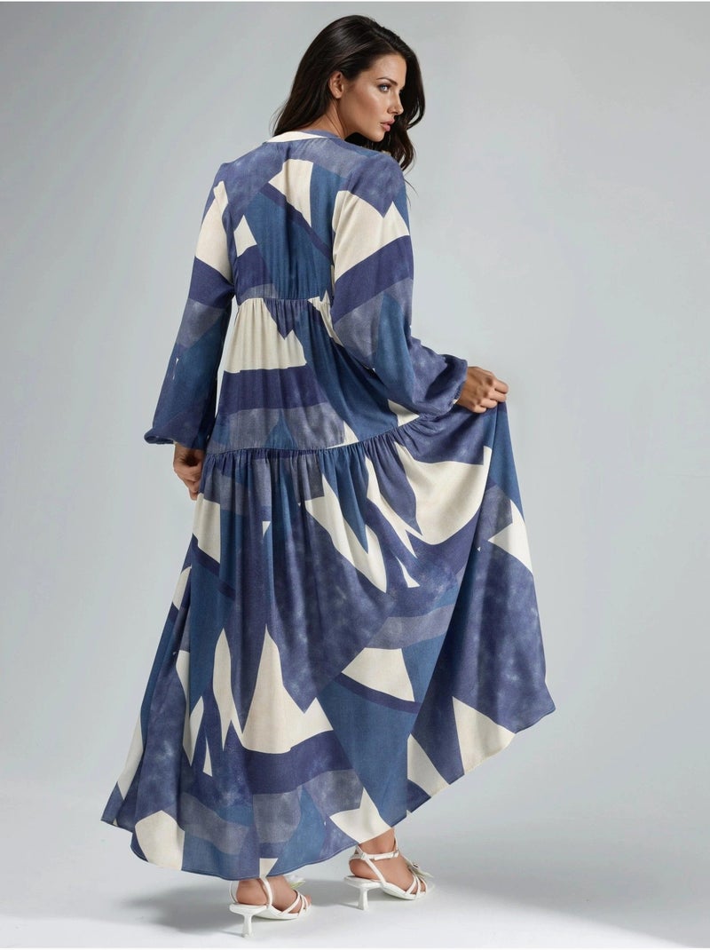 Bedrukte maxi-jurk van viscose met lange mouwen hiccup Marineblauw - Kiabi