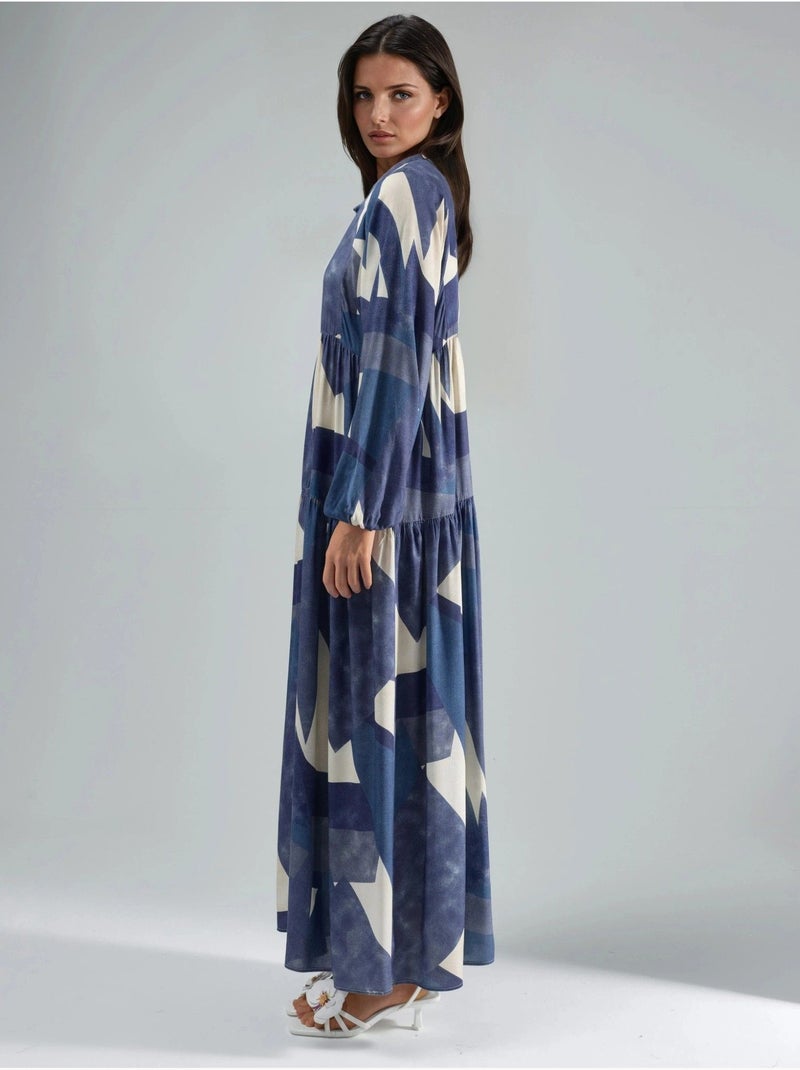 Bedrukte maxi-jurk van viscose met lange mouwen hiccup Marineblauw - Kiabi