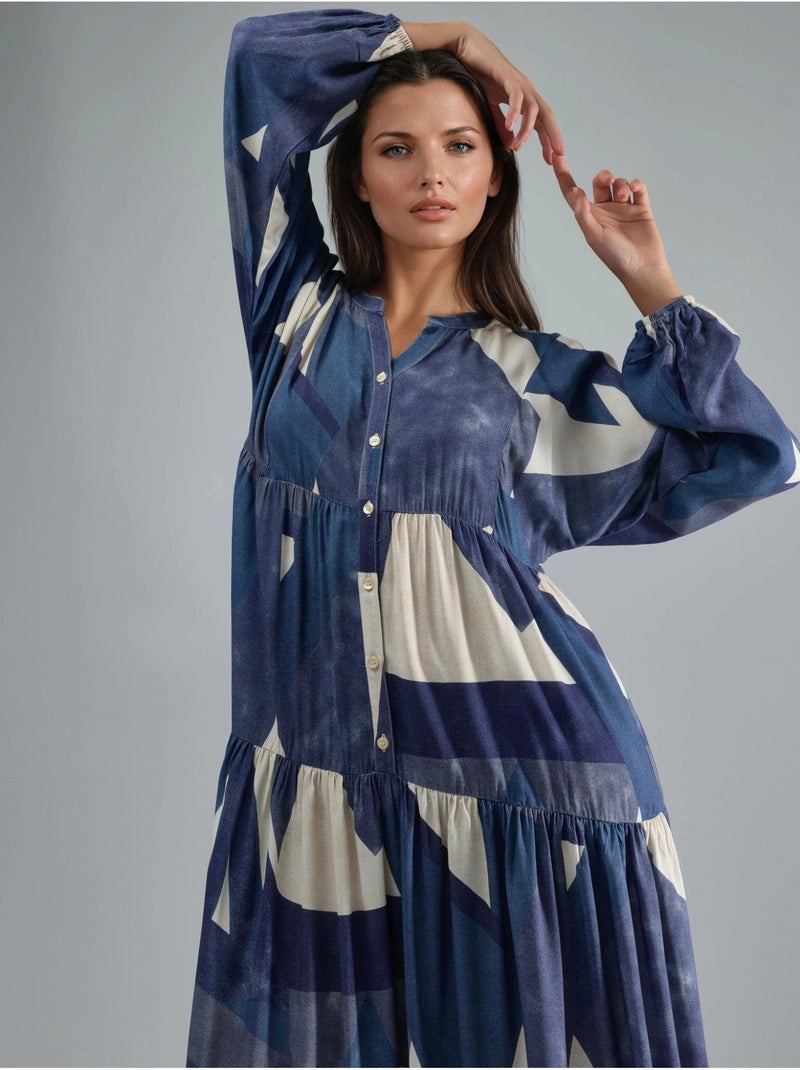 Bedrukte maxi-jurk van viscose met lange mouwen hiccup Marineblauw - Kiabi