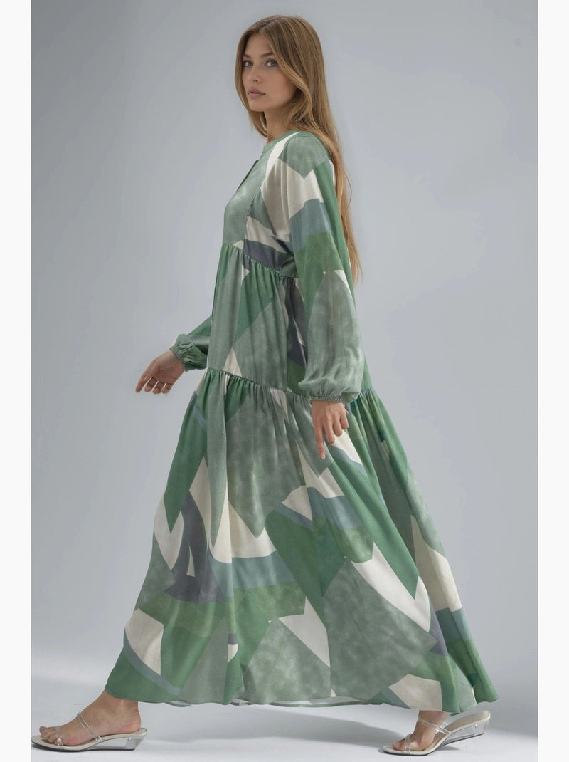 Bedrukte maxi-jurk van viscose met lange mouwen hiccup Pastelgroen - Kiabi