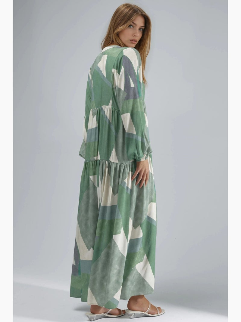 Bedrukte maxi-jurk van viscose met lange mouwen hiccup Pastelgroen - Kiabi