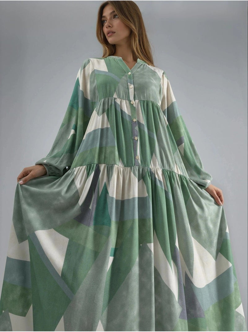 Bedrukte maxi-jurk van viscose met lange mouwen hiccup Pastelgroen - Kiabi