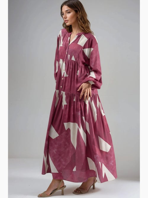 Bedrukte maxi-jurk van viscose met lange mouwen hiccup - Kiabi Bedrukte maxi-jurk van viscose met lange mouwen hiccup - Kiabi
