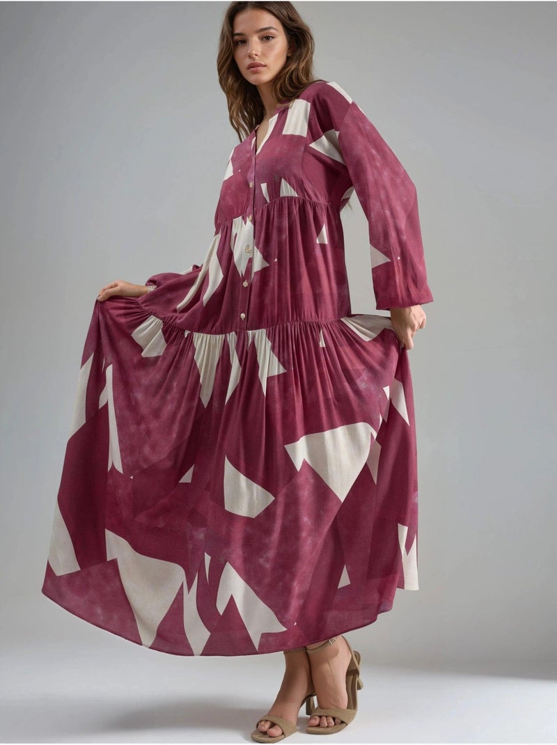 Bedrukte maxi-jurk van viscose met lange mouwen hiccup Rood - Kiabi