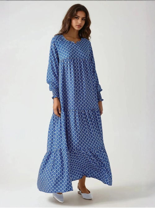 Bedrukte maxi-jurk van viscose met ronde hals hiccup - Kiabi Bedrukte maxi-jurk van viscose met ronde hals hiccup - Kiabi