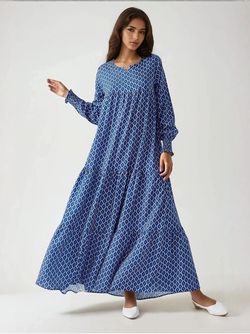 Bedrukte maxi-jurk van viscose met ronde hals hiccup Marineblauw - Kiabi