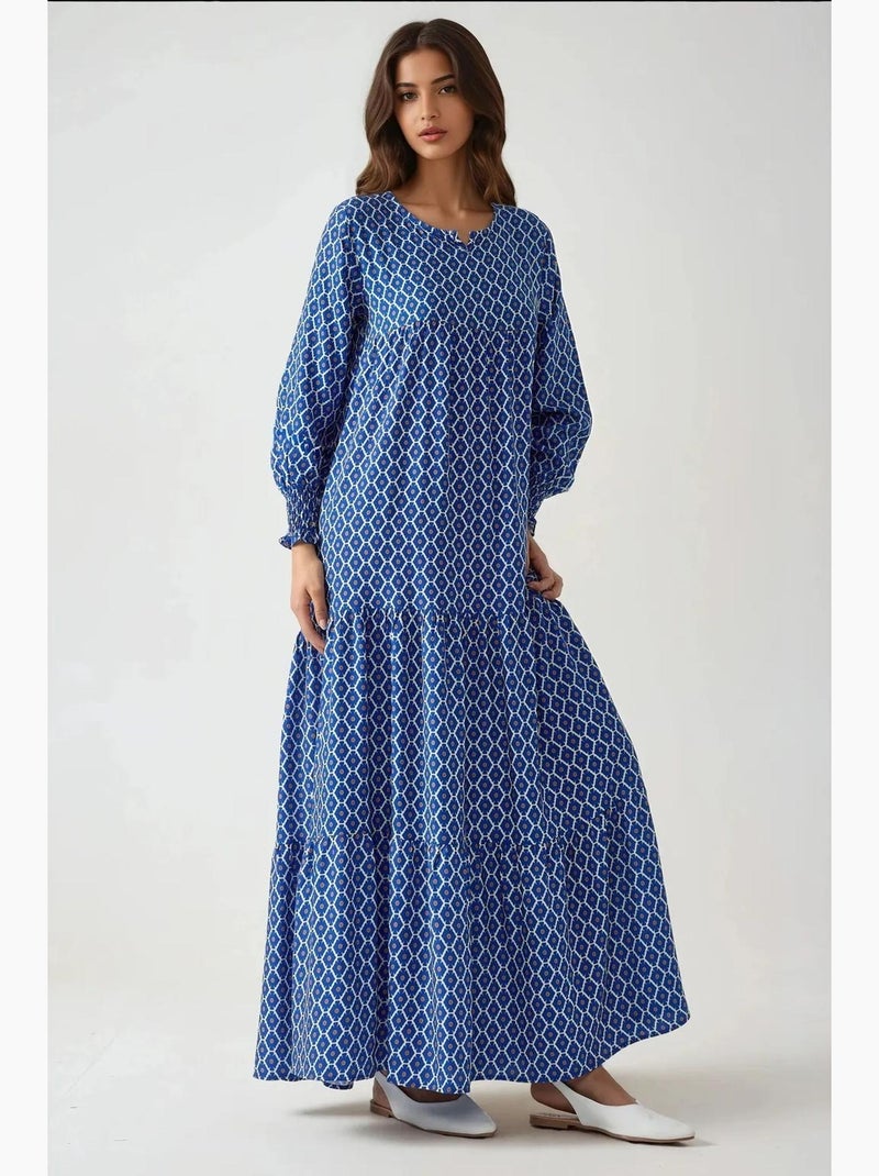Bedrukte maxi-jurk van viscose met ronde hals hiccup Marineblauw - Kiabi