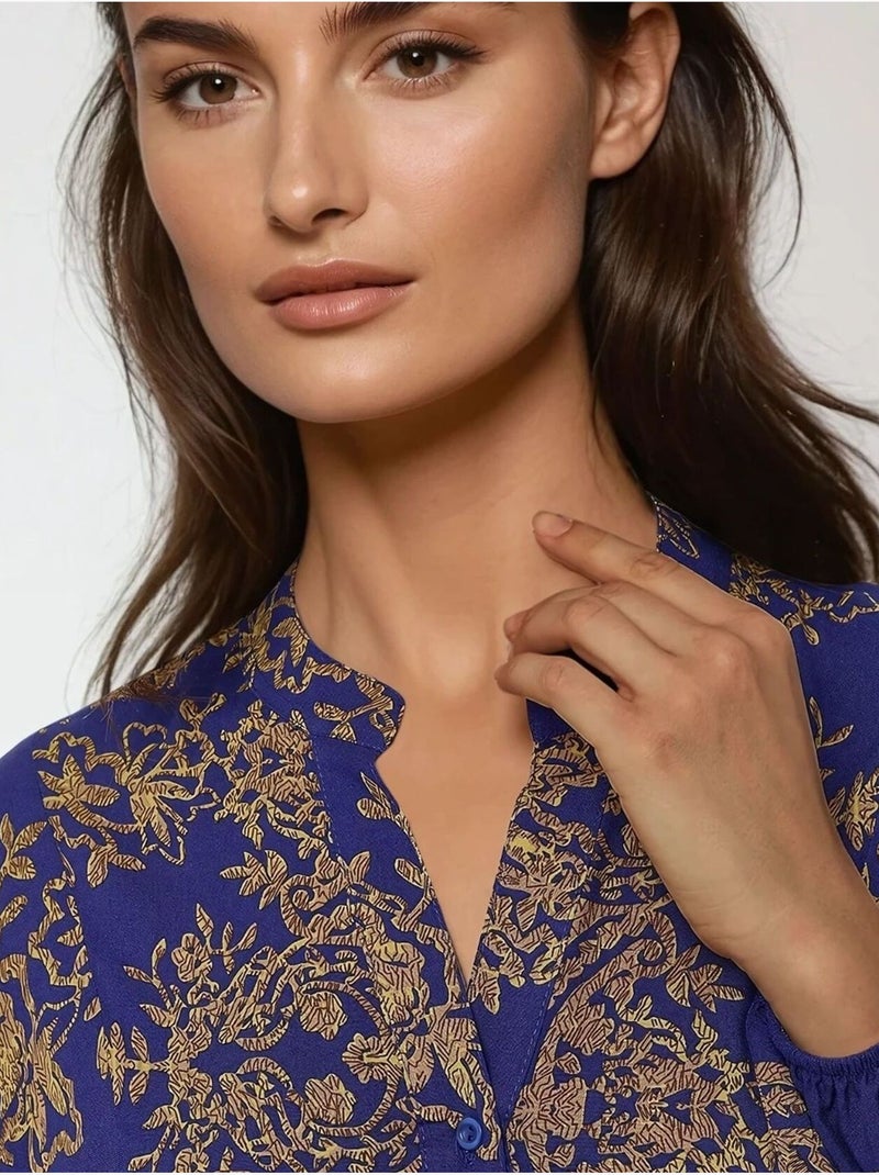 Bedrukte viscon maxi-jurk met overhemdkraag hiccup Electrisch blauw - Kiabi