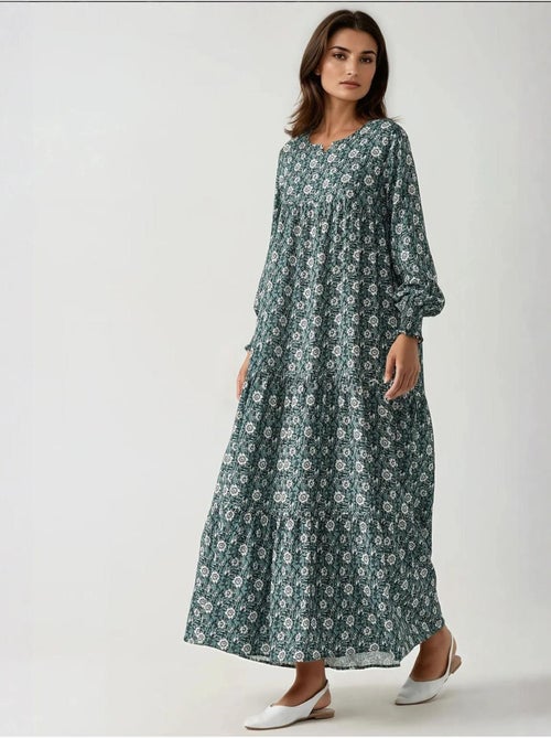 Bedrukte viscose maxi-jurk met ronde hals hiccup - Kiabi