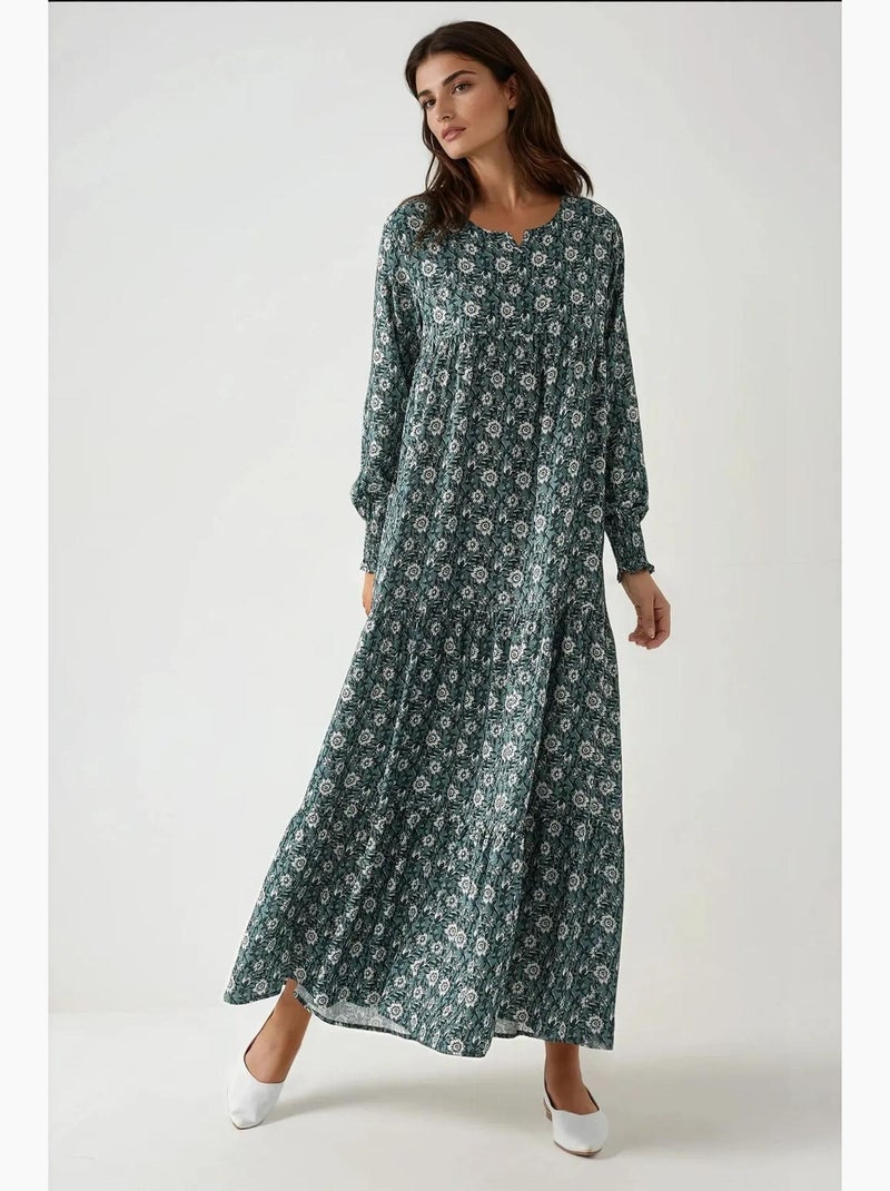 Bedrukte viscose maxi-jurk met ronde hals hiccup Pastelgroen - Kiabi