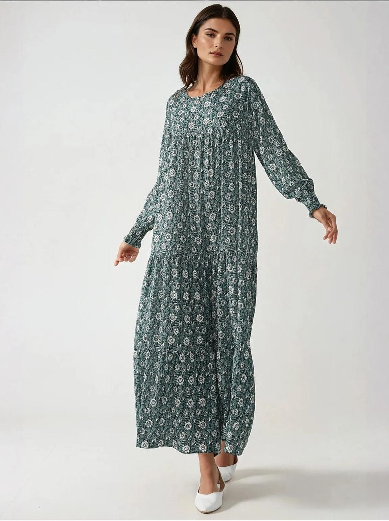 Bedrukte viscose maxi-jurk met ronde hals hiccup Pastelgroen - Kiabi
