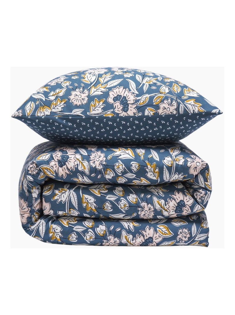 Bedset katoen percalé omkeerbaar FRIDA bloemen Future Home Blauw - Kiabi