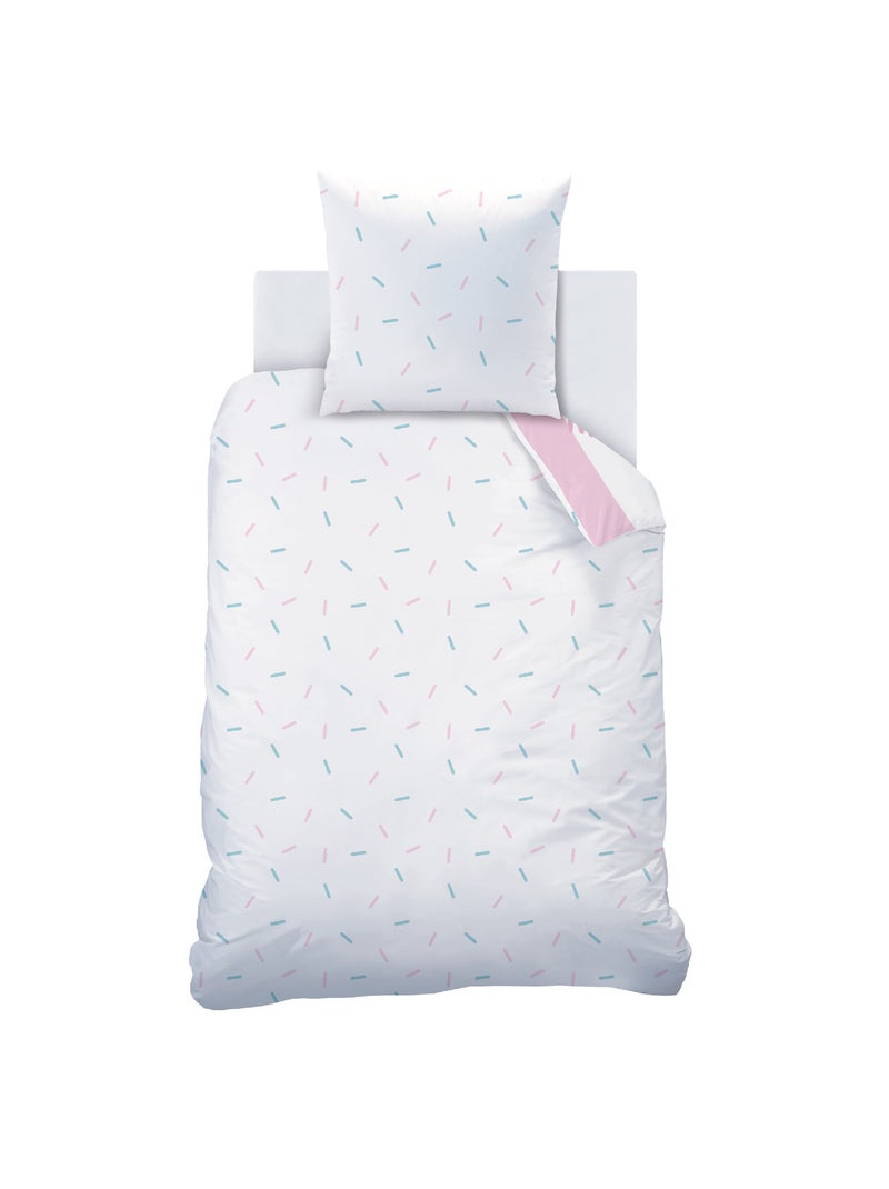 Bedtextielset met print + hoeslaken 100% katoen, disney home stitch stripe Wit Roze - Kiabi
