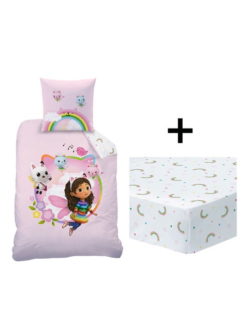Bedtextielset met print + hoeslaken 100% katoen, gabby dollhouse garden - Kiabi