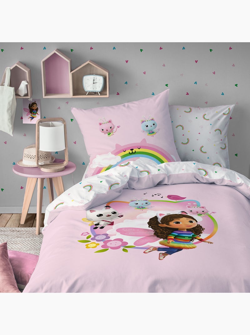 Bedtextielset met print + hoeslaken 100% katoen, gabby dollhouse garden Roze - Kiabi